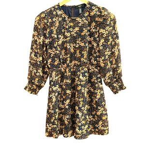 Aqua Girls Navy Orange Floral Long-Sleeve Dress Large Gold Stripes Cottagecore